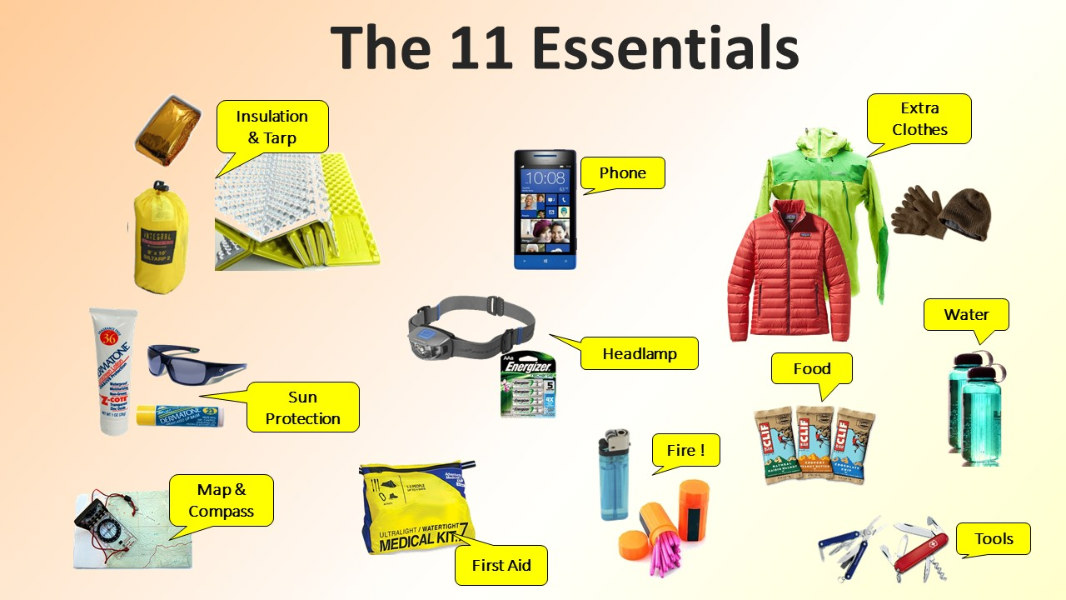 The Eleven Essentials: cover, phone, clothes, light, food, water, sun block, first aid, map, fire, tools